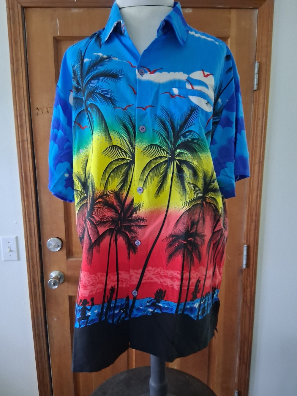 Vibrant Palm-Print Casual Button-Down Shirt - Blue/Yellow/Red